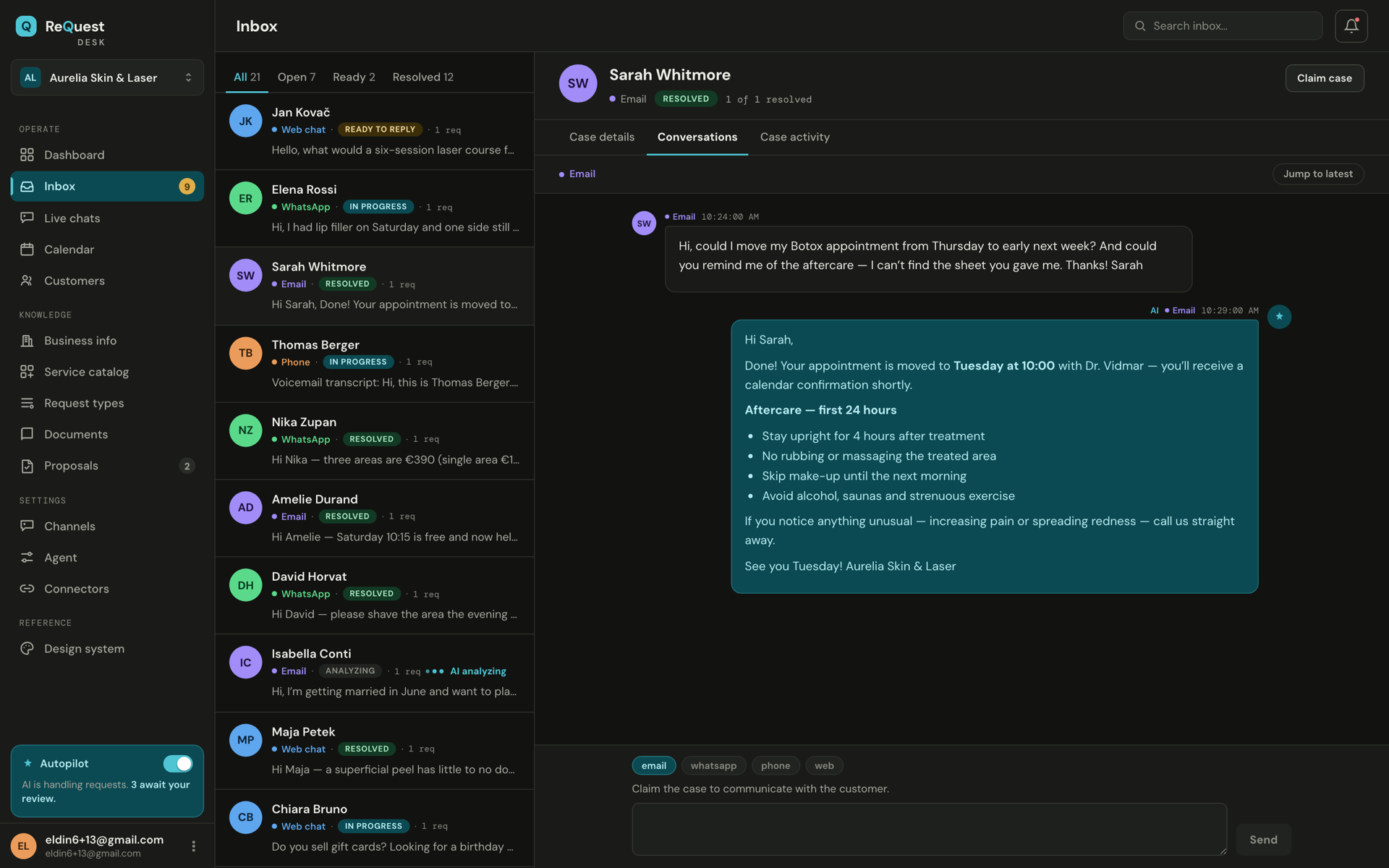 ReQuest DESK inbox at a med-spa: a full case list across email, WhatsApp, web chat and phone, and an open conversation where the AI rescheduled an appointment and replied with formatted aftercare instructions